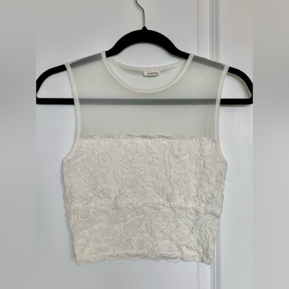 White Lace Crop Top with  Mesh Neckline